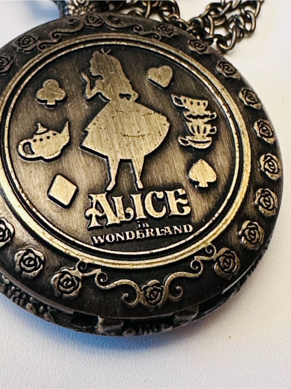 Bronze Alice in Wonderland Pocket Watch with chain 28” NEW UNTESTED NO BOX